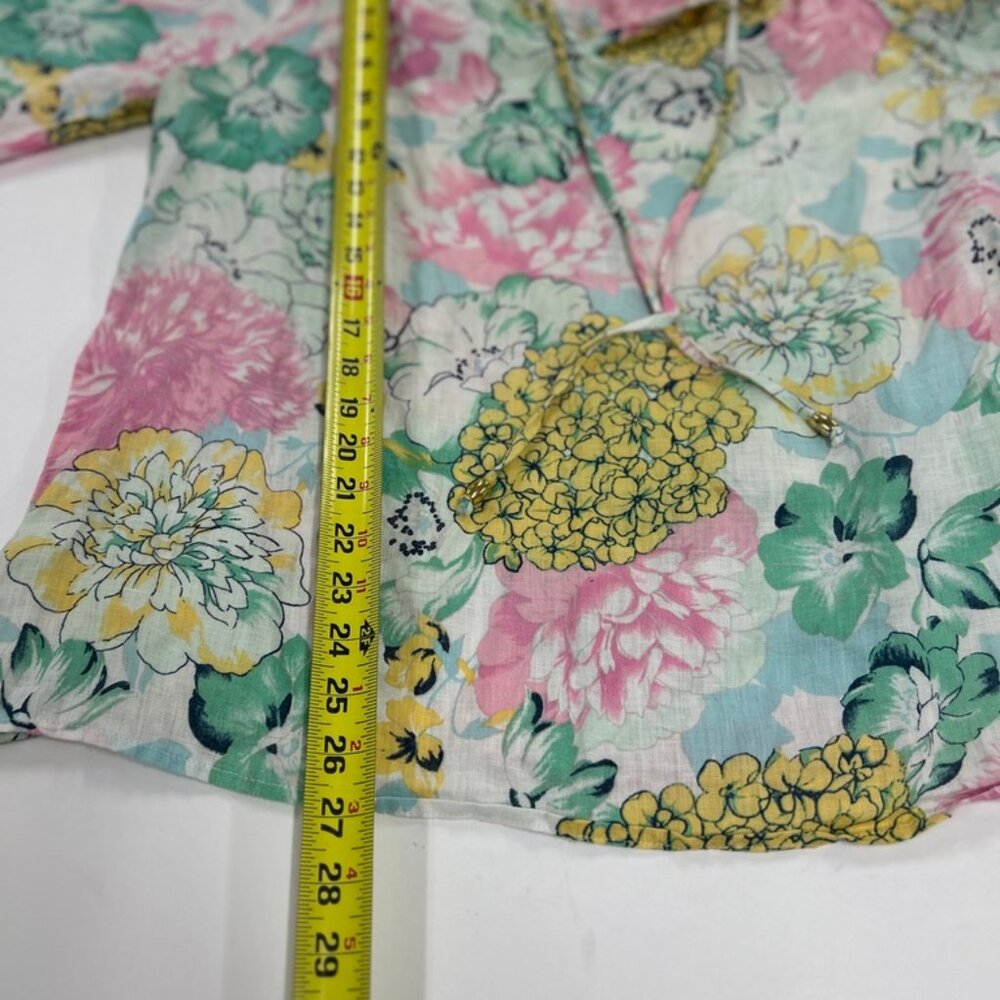 Charter Club 100% Linen Floral Peasant Top Cottagecore Boho Blouse Pastel size L - Picture 8 of 12